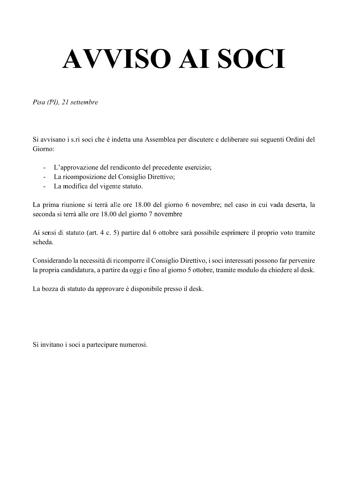 Borderline Club Pisa - Avviso ai Soci - Assemblea